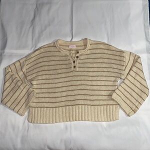 Pink Lily Beige Striped Henley Long Sleeve Knitted Sweater